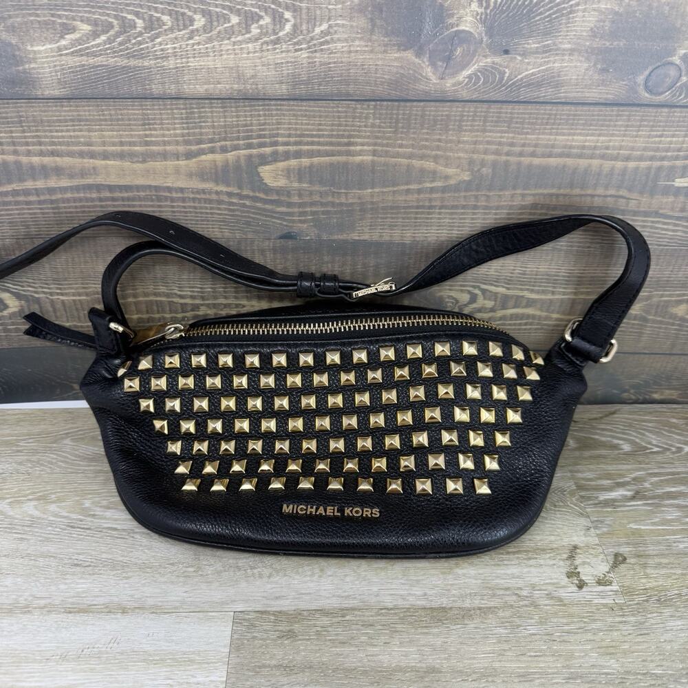 MICHAEL KORS Rhea Black Studded Leather Zip Gold Tone Bum Belt Bag Fanny Pack